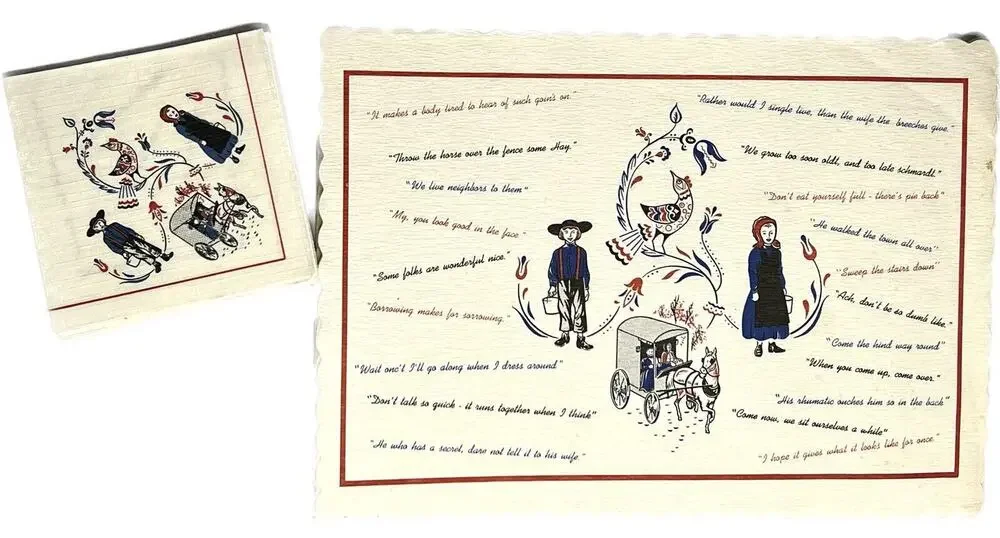 Vintage Pennsylvania Dutch Amish Placemats Napkins Set 16 Horse Buggy Folk Art